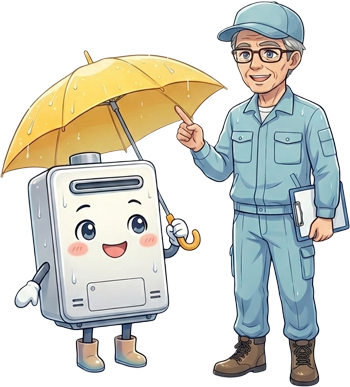 作業員と給湯器のイラスト